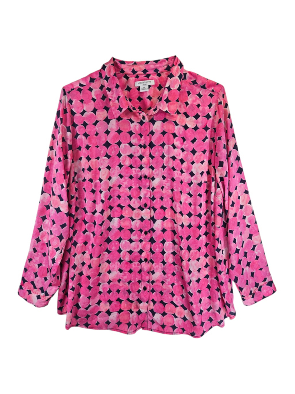 Liz Claiborne Woman 2X Pink Navy Print Blouse Career Casual Button Shirt